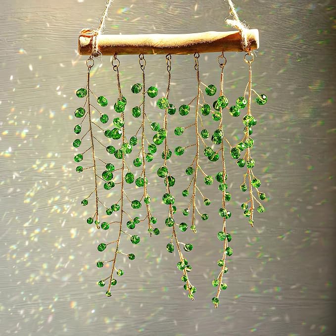 H&D HYALINE & DORA 17.2 Inch Crystal Wind Chimes Suncatchers for Window Hanging Sun Catcher Making Rainbow Green Plants Artificial Crystal Prisms Wind Chime for Garden Home Wedding Decor