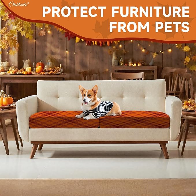 CALBODE 8Pcs Stretch Cushion Covers Outdoor Cushion Cover Replacement Slipcovers Grid Chair Seat Covers for Indoor Patio Furniture Protector(Orange Plaid, CoverOnly)