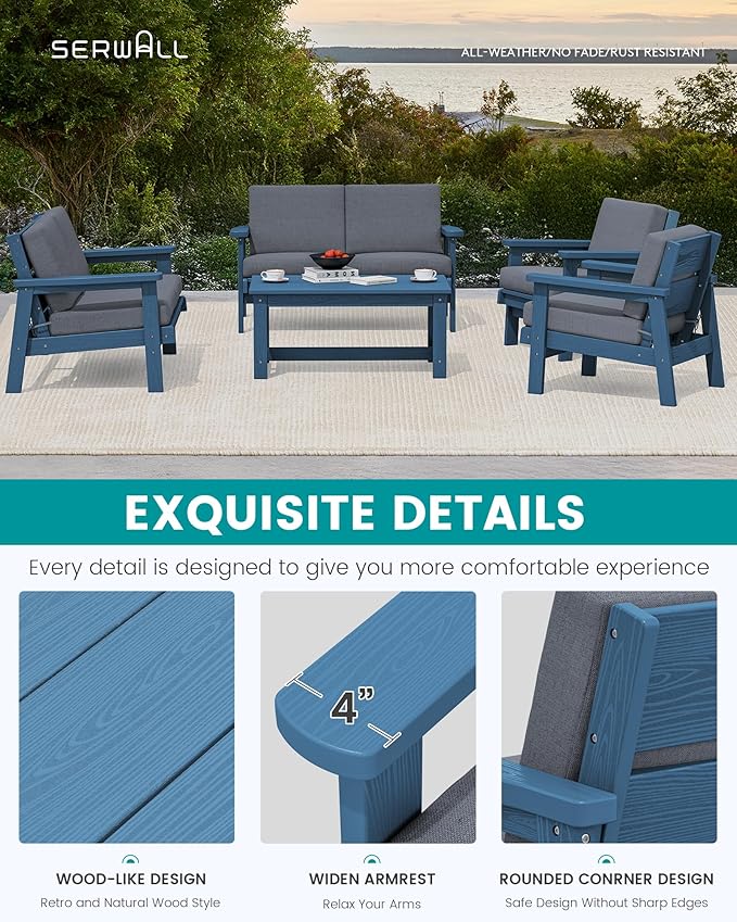 SERWALL HDPE Patio Furniture Set, 5 Piece All Weather Wood-Like Sectional Outdoor Furniture Set, Blue Patio Sofa Couch with Grey Cushions for Deck, Lawn