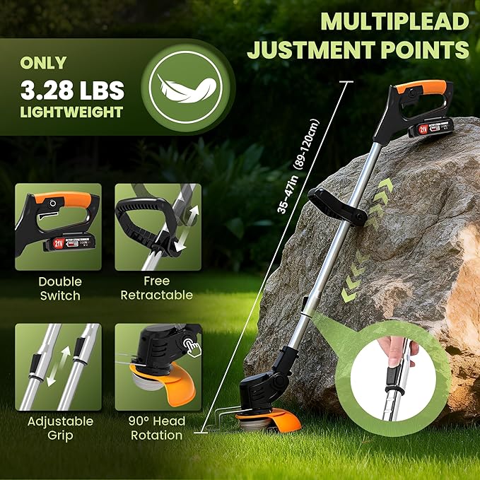 Electric Weed Wacker Cordless Eater, 21V String Trimmer Battery Powered, 3 in 1 Lightweight Grass Trimmer/Brush Cutter/Edge, 4 Types Blade, Weed Trimmer with Wheels for Lawn Yard Garden