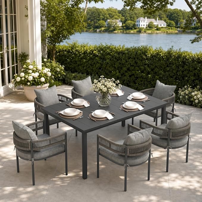 VICLLAX Patio Dining Set, 63" Black Table & 6 Chairs with Grey Cushion | Outdoor Table and Chairs Set of Rectangular Metal Patio Table, Outdoor Dining Chairs with Metal Frame, Garden Deck Porch