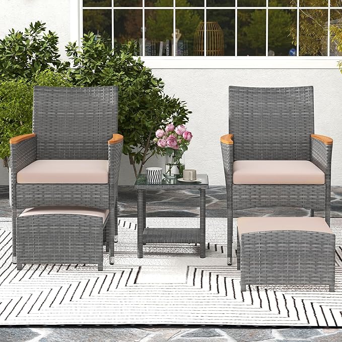 HAPPYGRILL 5 Pieces Wicker Patio Conversation Set, PE Rattan Porch Chairs with Ottomans, 2-Tier Coffee Table, Cushions, Outdoor Furniture Set for Garden, Poolside, Balcony