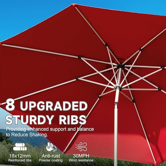 Domi 9FT Patio Umbrella Outdoor Market Umbrella with Silver Aluminum Pole, UV Resistant Canopy, Wind Vent, Tilt & Crank System, Perfect for Patio, Garden, Deck, Pool, Outdoor Dining, Red