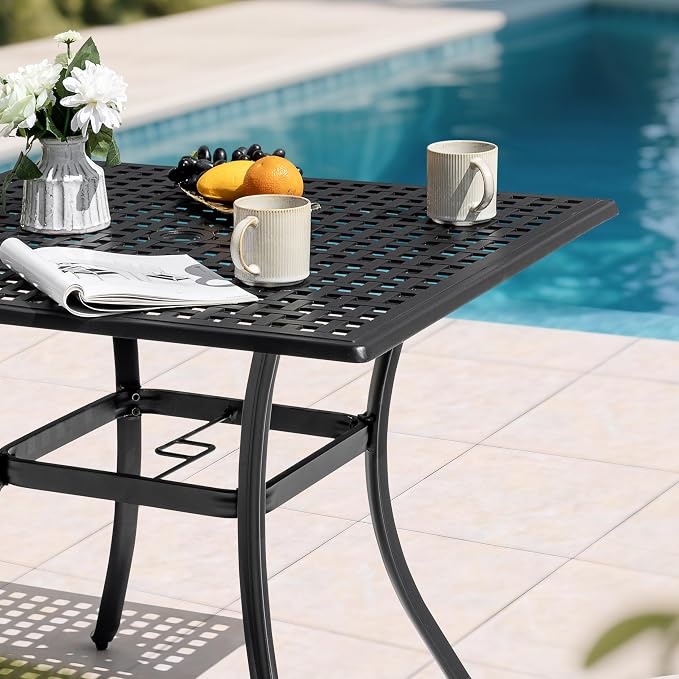 NUU GARDEN 35 Inch Square Cast Aluminum Outdoor Dining Table for 4 with Umbrella Hole and Mesh Top, Patio Table for Garden Backyard Poolside, Black with Gold Speckles