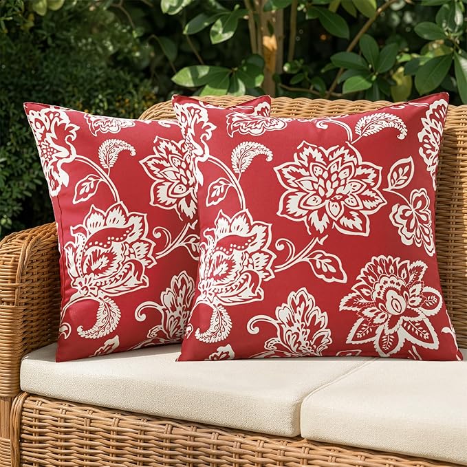 Decorative Outdoor Floral Pillow Covers Set of 2,Waterproof Boho Farmhouse Throw Pillows Summer Accent Pillowcases for Patio Furniture Garden Sofa 18x18 Inch, Red