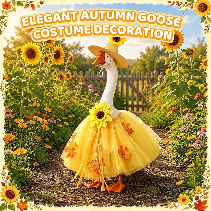 Fall Porch Goose Outfits for 23" Statues, Geese Clothes with Daisy Hat | Exquisite porch goose dress with realistic maple leaves and an elegant skirt for charming fall porch and garden décor
