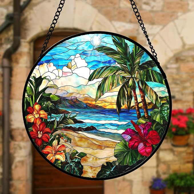 DASTOLL Stained Glass Window Hanging, Blue Beach Scenery Suncatcher Diamond Glass Panel Hangings Sun Catchers Decor for Birthday for Women, Men, Wife, Aunt, and Mom 9.8 in