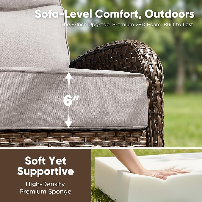 HUMMUH 9-Piece Patio Furniture Set with Upgraded 6" Thick Cushion - High Back Outdoor Swivel Rocker Chairs with 3-Seater Sofa Set of 2,Wicker Outdoor Conversation Set for Deck, Porch, Yard, Poolside