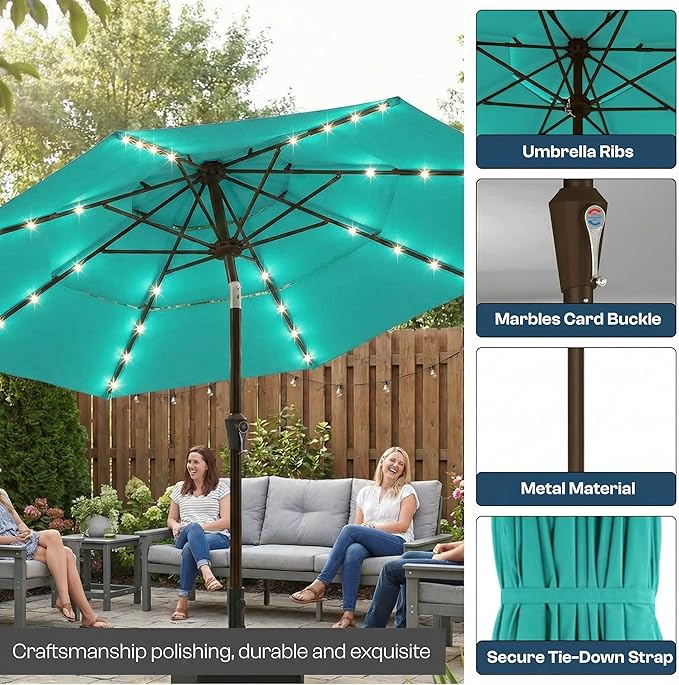 10FT Patio Umbrella 3 Tiers with LED Light Outdoor Market Umbrella w/Push Button Tilt, Crank, UV and Waterproof Table Umbrella for Garden, Pool, Backyard, Deck, Lawn, Turquoise Blue