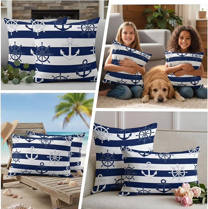 Nautical Ship Anchors Waterproof Outdoor Pillow Covers Set of 2 Home Decor, Coastal Navy Blue Stripes Pillowcase Patio Pillow Covers for Couch Bench Patio Furniture Garden 26x26in