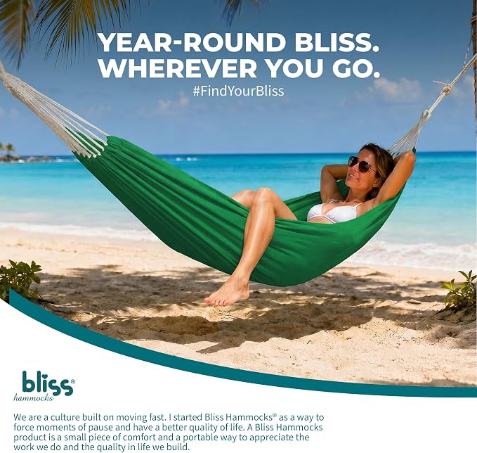 Bliss Hammocks 60" W Double Outdoor Hammock with Hand-Woven Rope Loops & Tree Straps, Patio, Durable, Cotton/Polyester, 265 Lbs Capacity, Green