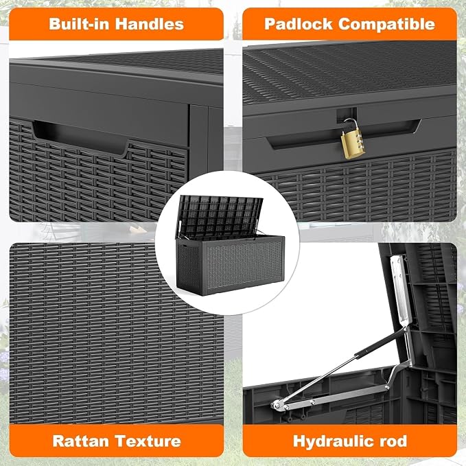 PatioZen 120 Gallon Deck Box,Resin Outdoor Storage Box with Lockable for Patio Furniture, Pool Accessories, Garden Tools Waterproof Outside Storage Box, Black