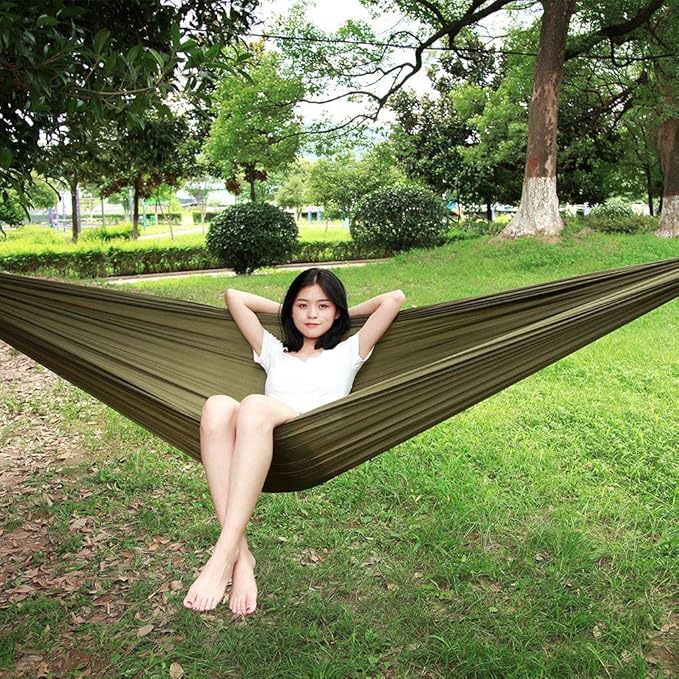 Portable Camping Travel Double Hammock, Hanging Bed with Tree Straps, Lightweight Nylon Taffeta Hammock for Two, Includes 2 Tree Straps and Metal Buckles for Outdoor (OD Green)