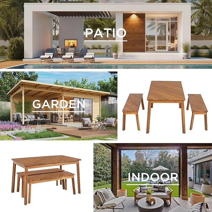 LUMISOL 3 Pieces Acacia Wood Table Bench Dining Set for Outdoor Indoor, Patio Dining Table with 2 Benches, Picnic Beer Table for Patio Porch Garden Poolside, Natural