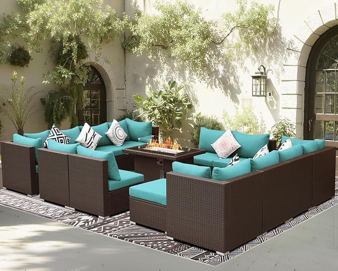 BULEXYARD 15 Piece Highback Wicker Patio Furniture Sets with Firepit, All-Weather Heavy Duty Outdoor Conversation Set Modular, Extra Deep Wide 14-Seats Sectional Couch Sofa for Backyard, Brown & Teal