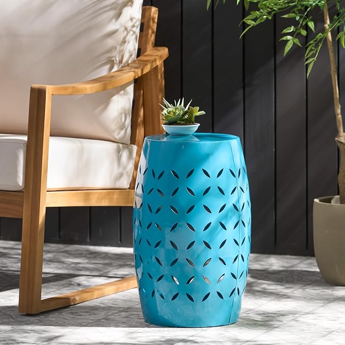 12" Outdoor Side Table, Metal Round Side Table, Multi Functional Decorative Cutout, Coffee Table, Night Stand, Plant Stand for Patio, Garden, Backyard, Gazebo Indoor (Blue)