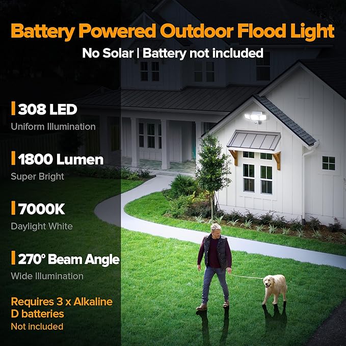 UME Battery Powered Motion Sensor Outdoor Lights 302 LED 1800LM, IP65 Waterproof Battery Operated Flood Lights Outdoor, 3 Heads Security Motion Light with 3 Modes for Garden Patio Yard, 2 Pack (White)