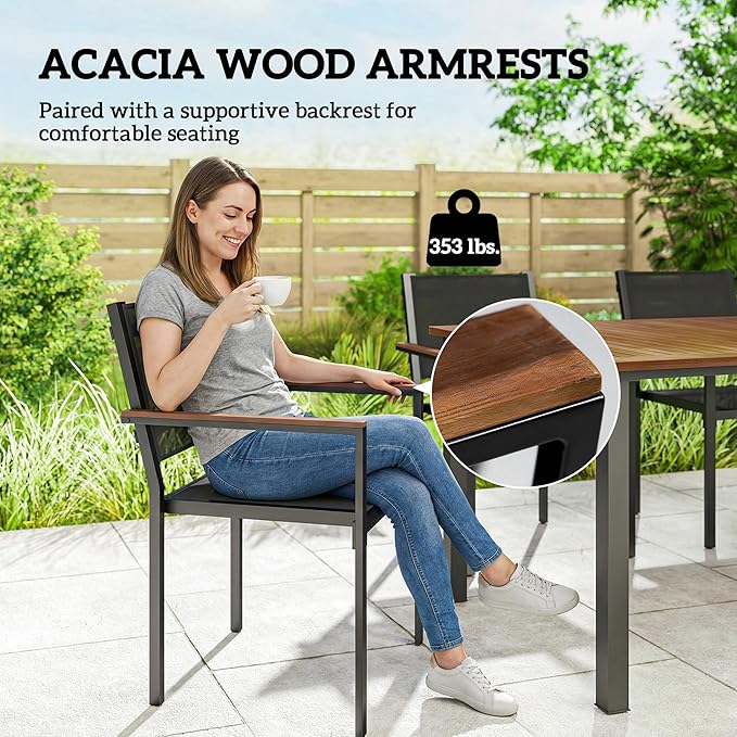 Outsunny 5 Piece Outdoor Dining Set, Outdoor Table and Chairs for 4, 59" Rectangular Acacia Wood Tabletop and 352 LBS Mesh Stackable Chairs, Patio Set for Garden, Backyard, Deck, Teak