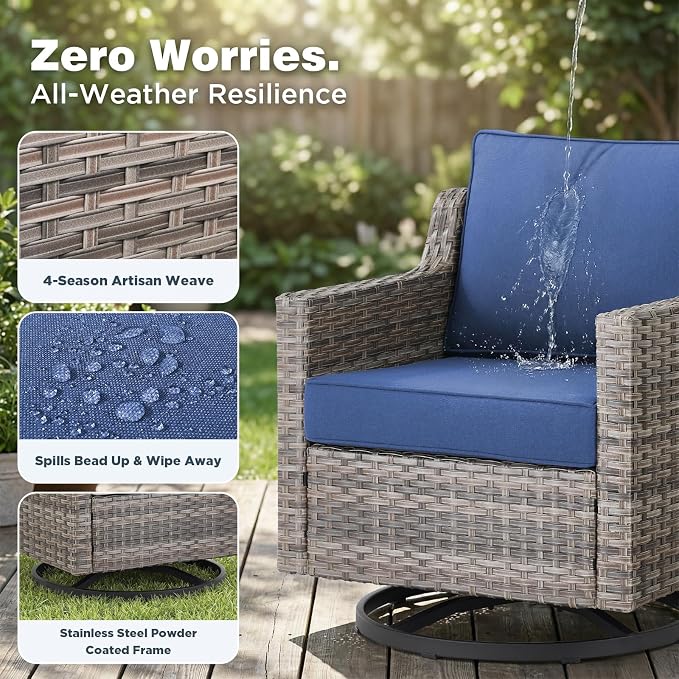 Belord Patio Wicker Swivel Rocker Patio Chairs with 3-Seater Sofa, Outdoor Rattan Chairs for Deck Porch Poolside, 7 Piece Patio Conversation Furniture Set,Blue