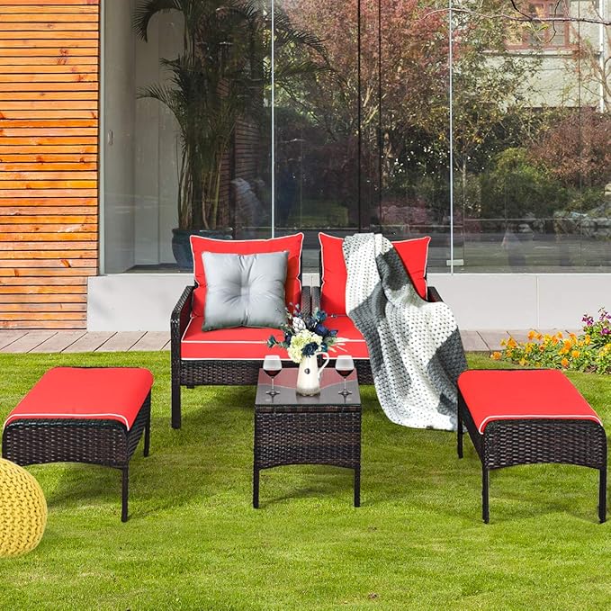 Tangkula 5 Pieces Wicker Patio Furniture Set, PE Rattan Outdoor All Weather Cushioned Sofas and Ottoman Set, 2-Person Outside Conversation Set for Lawn, Poolside, Yard, Balcony, Deck, Red