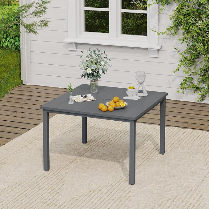VICLLAX Square Outdoor Patio Dining Set, Metal Slatted Patio Table with Umbrella Hole and 4 Stackable Patio Chairs for Deck Lawn Garden, Grey Fabric and Dark Grey Tabletop