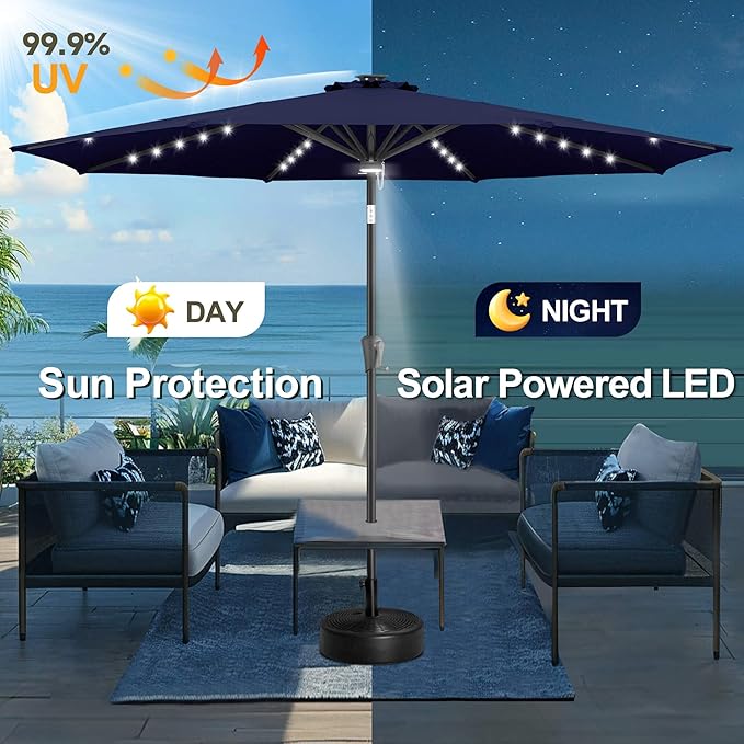 FLAME&SHADE 10 FT Solar Light Patio Umbrella, 40 LED lights outdoor umbrella with Centre Surround Light, Table Market Umbrella for Deck, Pool, Porch, Backyard, Garden, UV Protection, Navy Blue