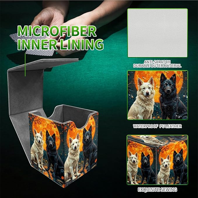 Black White Wolf Card Deck Box for MTG, Personalized Card Storage Case Fits 120+ Sleeved Cards, Premium Leather TCG Box with Strong Magnetic Closure for Magic, CCG, PTCG, Baseball Cards