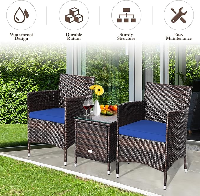 DORTALA 3 Piece PE Rattan Patio Furniture Set, Outdoor Chairs & Table Set with Tempered Glass Top & Cushions, Wicker Conversation Set for Garden Backyard, Navy