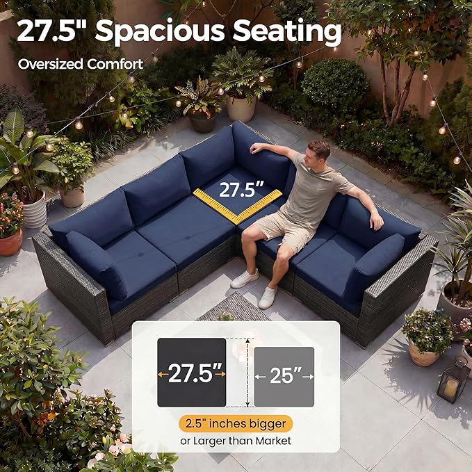 NICESOUL 13Pcs Patio Furniture Sets with Firepit, Contemporary Rattan Modular 10-Seater Outdoor Patio Set with Matching Chaise, Extra Wide Deep Seat Sectional Sofa and Lounger for Deck, Grey&Navy Blue