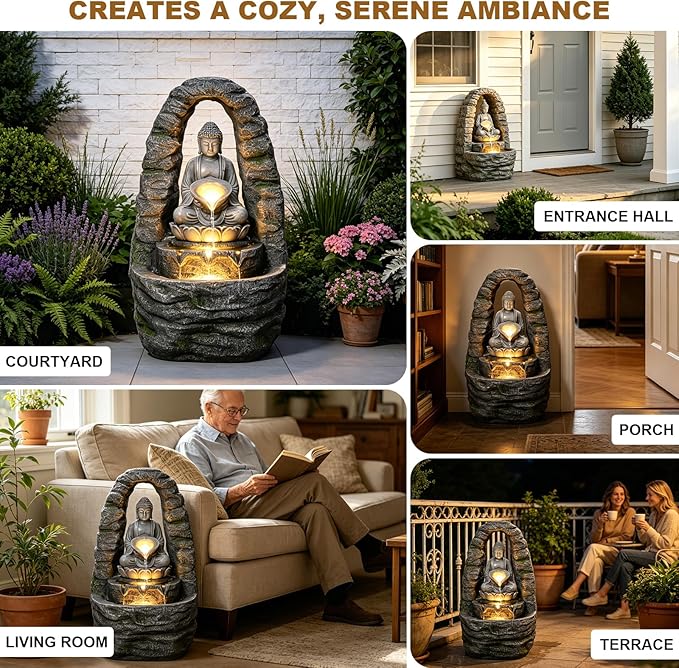 27" Outdoor Buddha Fountain with LED Lights, Zen Water Fountain Outdoor for Garden Patio Deck, 3-Tier Cascading Waterfall Fountain with Warm 3000K Glow & Pebbles, Faux Stone Resin Decor