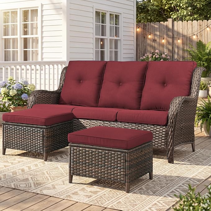 Belord 3-Piece PE Wicker Outdoor Sofa with 2 Ottomans, Luxury Patio Couch Convertible to Chaise Lounge, All-Weather High Back Deep Seat Woven Furniture for Deck, Porch - Brown/Red