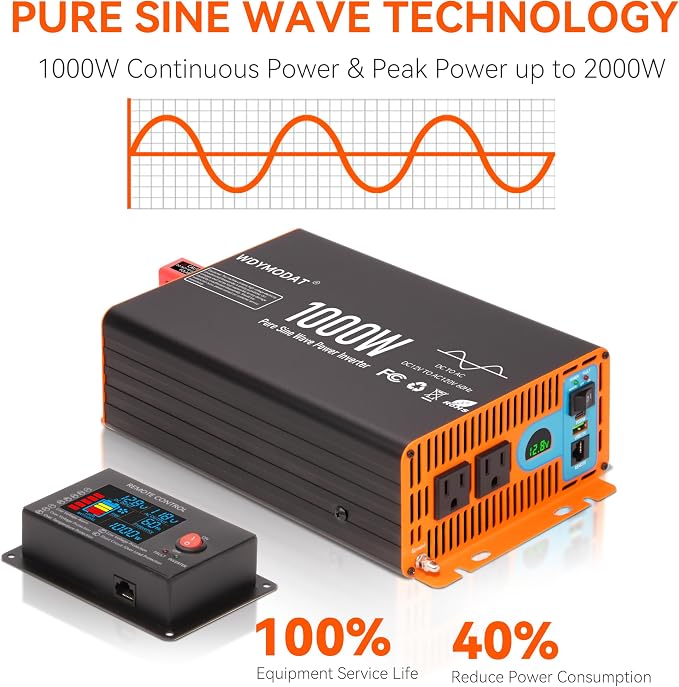 1000W Pure Sine Wave Inverter,12V DC to 120V AC Car Power Inverter 2000W Peak with 2AC Outlets, 3.0A USB and Type-C, LCD Display 16.5 ft Remote Control for RV Truck Travel Solar Emergency