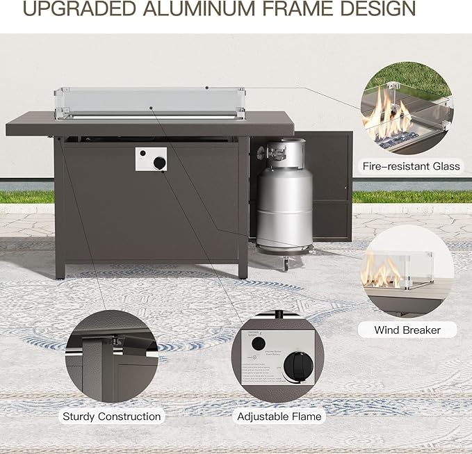 Aluminum Patio Furniture Set with 55,000 BTU Propane Fire Pit Table,5 Seats Metal Modern Outdoor Furniture w/5.1" Cushions,Patio Sectional w/Swivel Chairs for Backyard,Patio,Sand