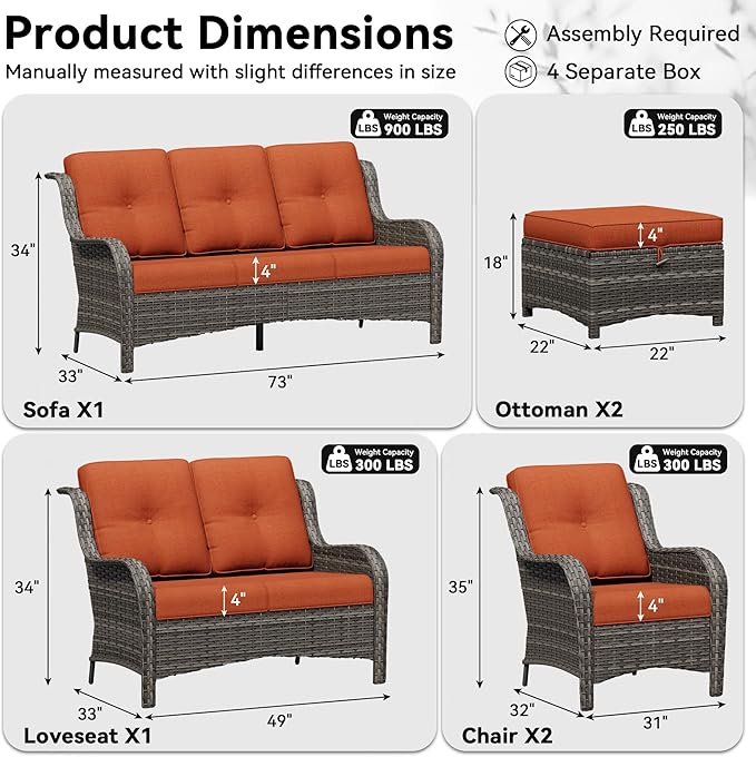6 Piece Outdoor Wicker Patio Furniture Set, Patio Chairs Set with Thickened Olefin Cushions, High Back and Deep Seating, Hand-Woven PE Rattan, Ottoman for Porch, Deck