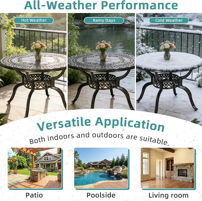 MEETWARM 38.5" Round Patio Dinning Table, Outdoor Cast Aluminum Dinning Table with 2" Umbrella Hole, Dark Bronze