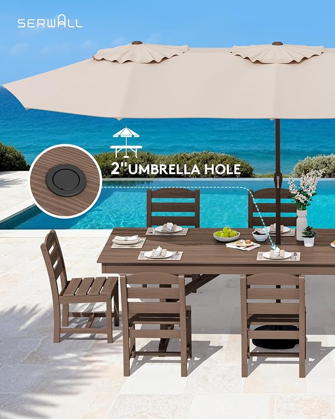 SERWALL 10 Piece Outdoor Dining Set with 15ft Triple-Head Foldable Umbrella(Based not Included), 84" HDPE Outdoor Table and Armless Chairs Set for 8, Brown