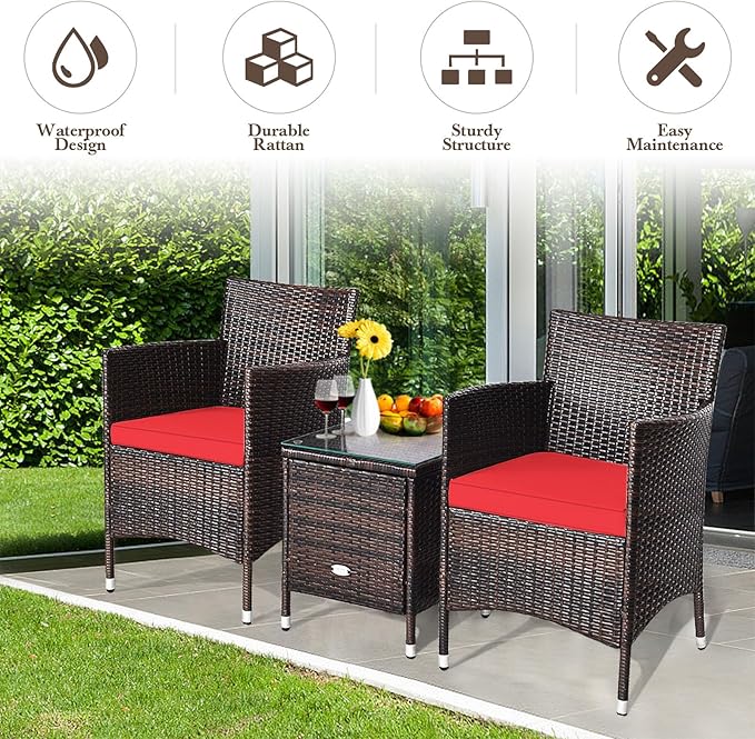 DORTALA 3 Piece PE Rattan Patio Furniture Set, Outdoor Chairs & Table Set with Tempered Glass Top & Cushions, Wicker Conversation Set for Garden Backyard, Red