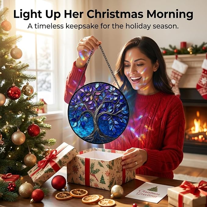 Birthday Gifts for Women - Blue Tree of Life Faux Stained Glass Window Hanging Sun Catcher for Door Garden Acrylic Decor Mother's Day Christmas for Mom Nana Grandma Sisters Wife 11.8"