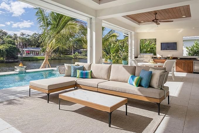 PURPLE LEAF Patio Furniture Set Outdoor Sectional Sofa with Coffee Table Cushions and Pillows Wicker L-Shaped 6 Pieces Aluminum Conversation Sets with Ottoman for Balcony Yard Poolside, Oatmeal Greige