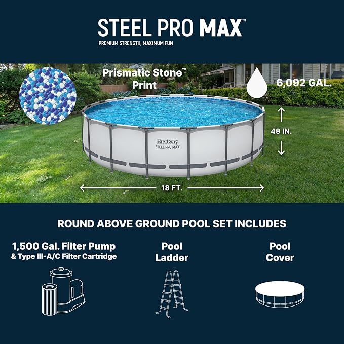Bestway Steel Pro MAX 18' x 48" Above Ground Pool, Round Metal Frame Outdoor Swimming Pool Set with Filter Pump, Ladder, and Cover, Gray