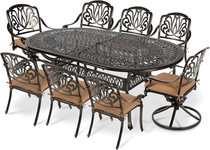 VIVIJASON 9-Piece Outdoor Furniture Dining Set, All-Weather Cast Aluminum Patio Conversation Set, Include 6 Stationary Chairs, 2 Swivel Dining Chairs and an Oval Table with Umbrella Hole