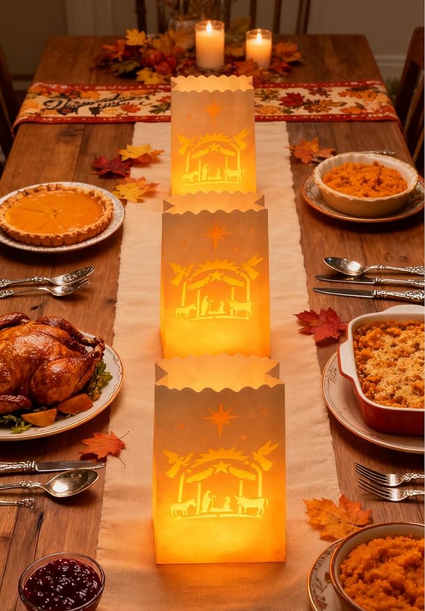 AceList 30 Set Luminaries Bag with Flameless Candles, Flickering LED Tea Lights with Paper White Luminary Bags Battery Operation for Party, Halloween, Christmas Decoration (Nativity, Bag+Candle)