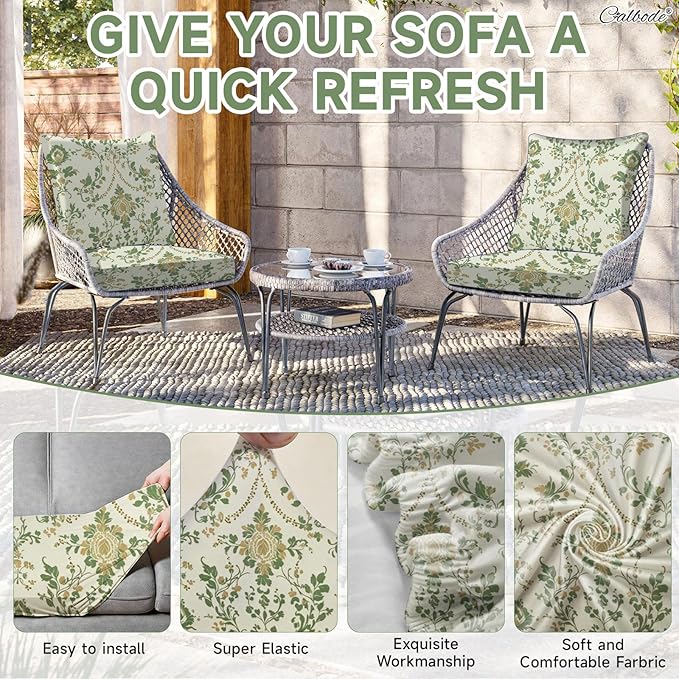 CALBODE 8 Pcs Stretch Outdoor Seat Cushion Covers, Washable Chair Seat Cover for Patio Furniture Cushions Soft Indoor and Outdoor Couch Cover Replacement (Green Vines, Cover Only)