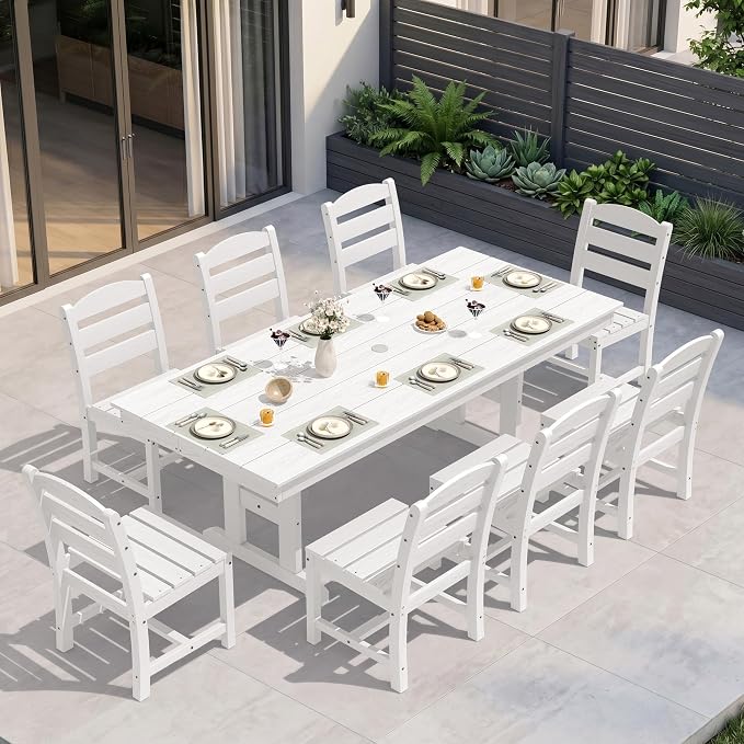 KINGYES 8-Seat Outdoor Patio Dining Set,84 inch HDPE Rectangular Table and Chairs Set，Waterproof Furniture Set with Umbrella Hole for Backyard,White