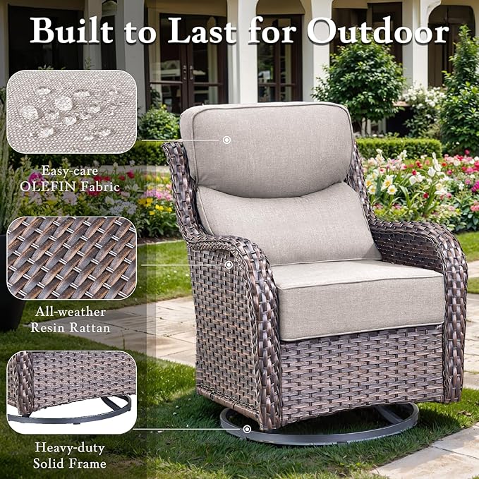 Luxury High Back Outdoor Furniture with 6-inch Extra Thick Cushions, Patio Furniture Set with Swivel Chairs, 10 PCS Wicker Conversation Set for Yard, Deck, Poolside, Brown/Beige