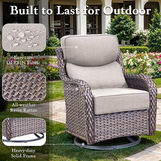 Luxury High Back Outdoor Furniture with 6-inch Extra Thick Cushions, Patio Furniture Set with Fire Pit Table & Swivel Chairs, 4 PCS Wicker Conversation Set for Yard, Deck, Poolside, Brown/Beige