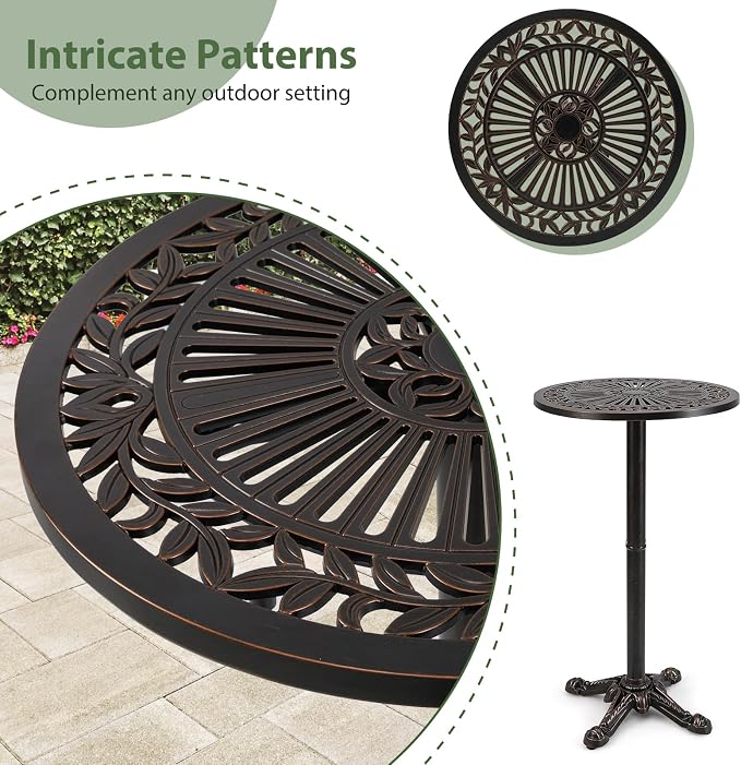 COSTWAY 24" Patio Round Bar Table, 41.5" Pub Height Cast Aluminum High Top Table with Carved Texture for Outdoor, Bistro, Garden, Backyard, Balcony, Poolside, Bronze