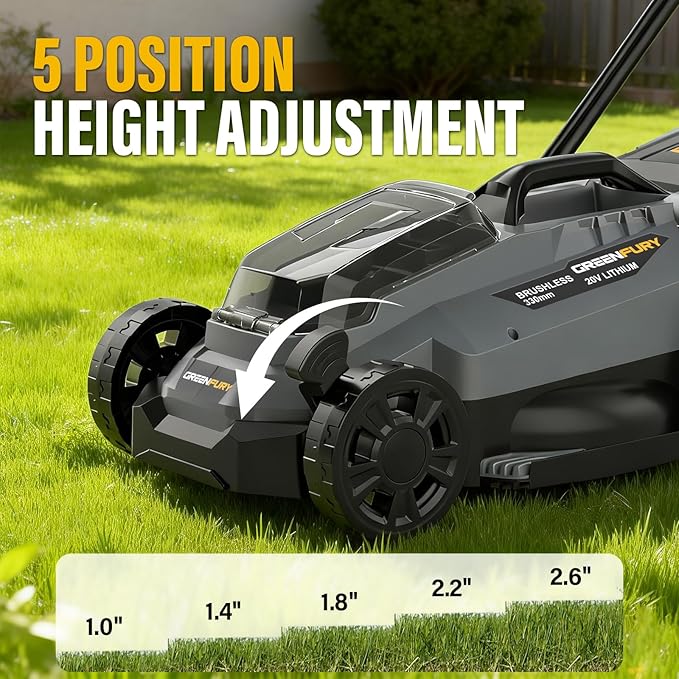 13-Inch Cordless Lawn Mower Compatible with Dewalt 20V MAX Battery, Brushless Electric Mower with 5-Position Height Adjustment & 8 Gal Bag for Small Yards (Tool Only)