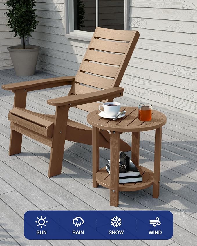 YEFU Outdoor Side Table for Patio: 16in HIPS Small Round Outdoor End Table - 2-Tier Adirondack Tables for Porch Patio Yard Poolside Living Room Beach Bedroom (Teak, 2 Pack)