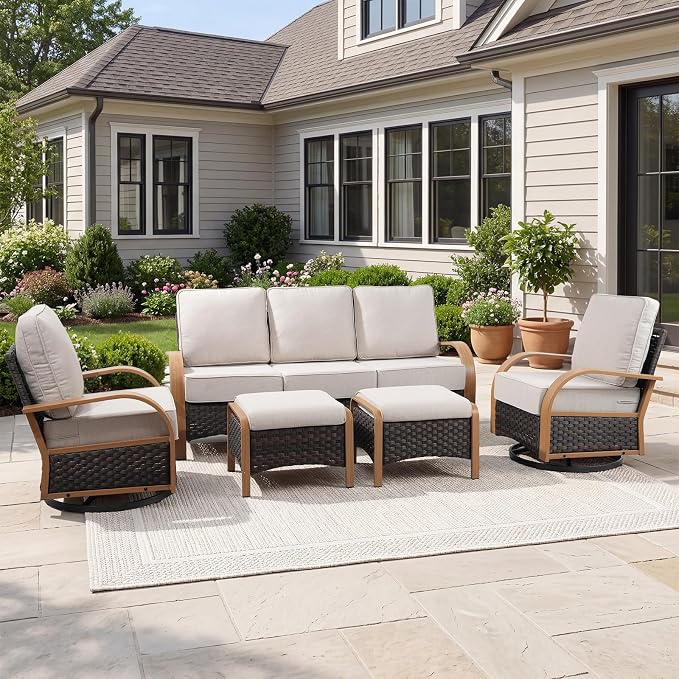 Belord 5 Piece Outdoor Patio Furniture Set with 6-Inch Thick Cushions, Outdoor Swivel Rocker Chairs with Patio Couch and Ottomans, 3 Seater Wicker Sofa for Deck Proch Balcony Yard, Wood & Beige